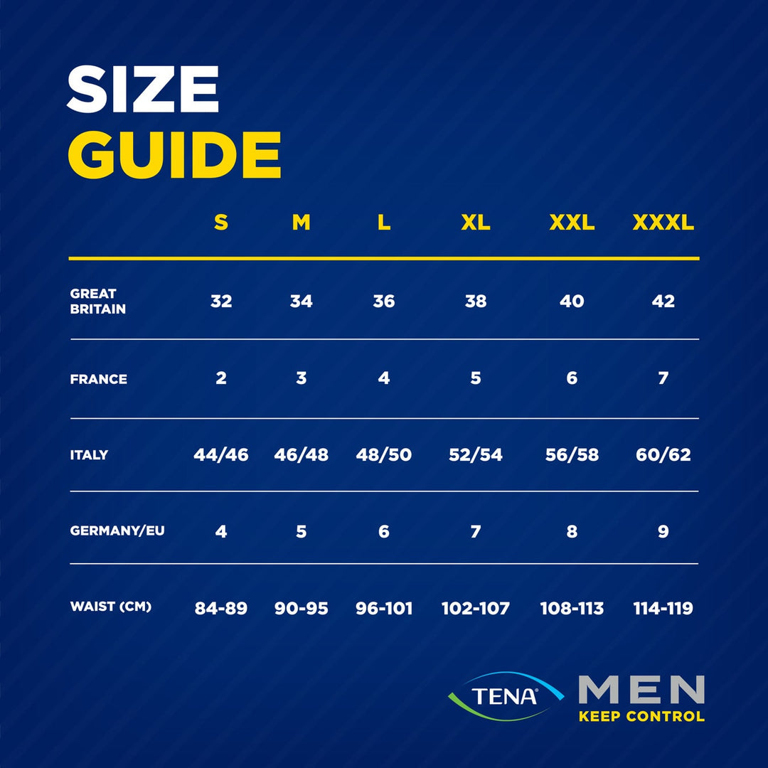 TENA Men Protective Boxers Light, featuring a blue size chart detailing fit and absorption zones, showcasing their discreet design and washable convenience for light incontinence.